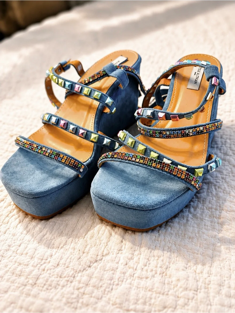 Embellished Blue Suede Platform Sandals with Beaded Straps